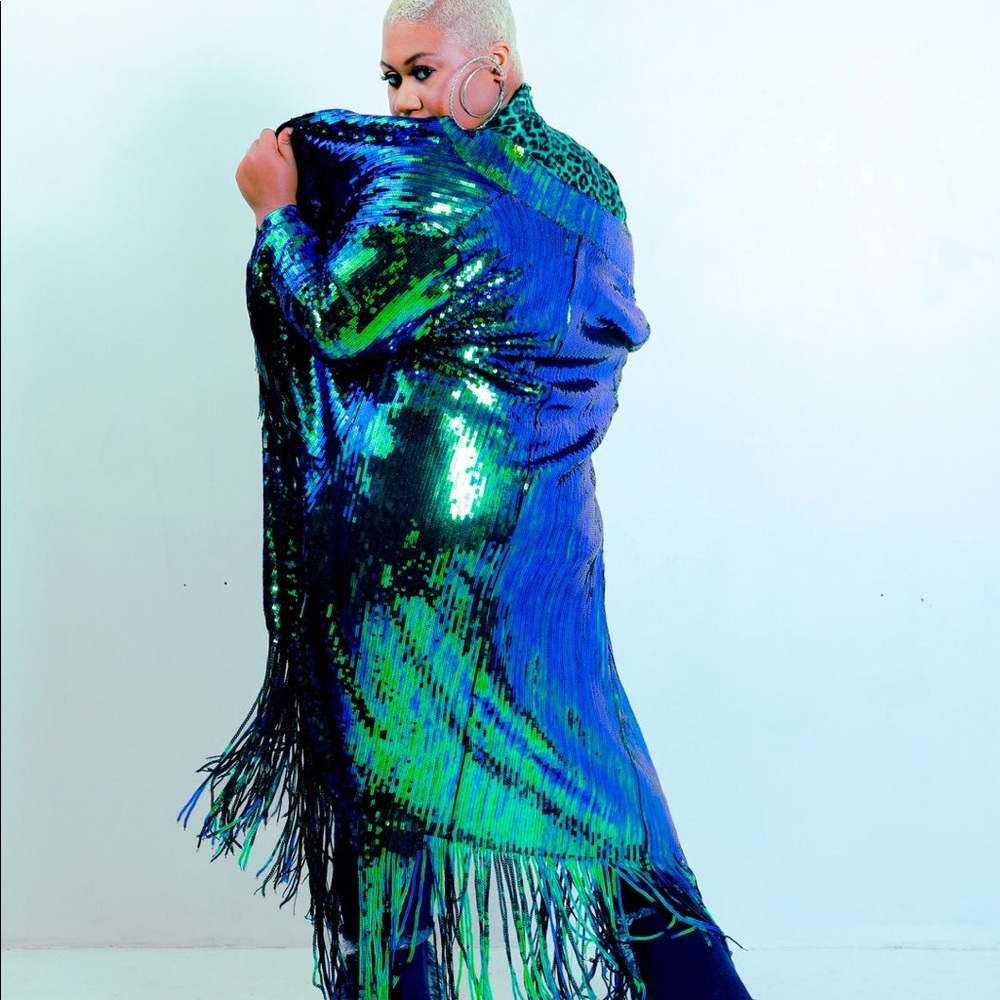 Ariel Blue Mermaid Fringed Sequin Frock Coat